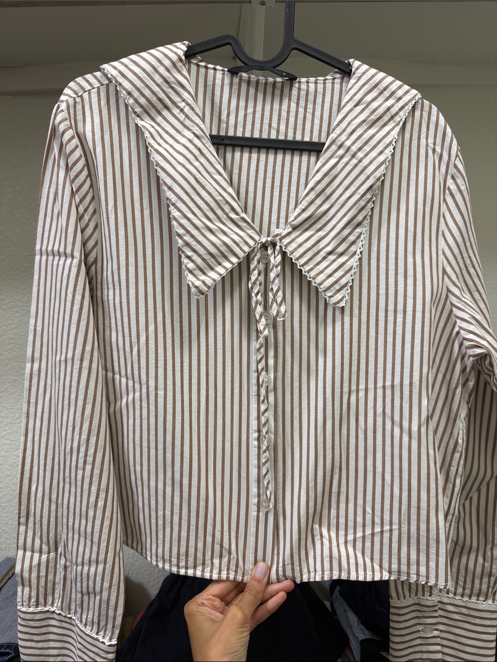 Zara Beige & White Striped Tie-Front Sailor Collar Top
